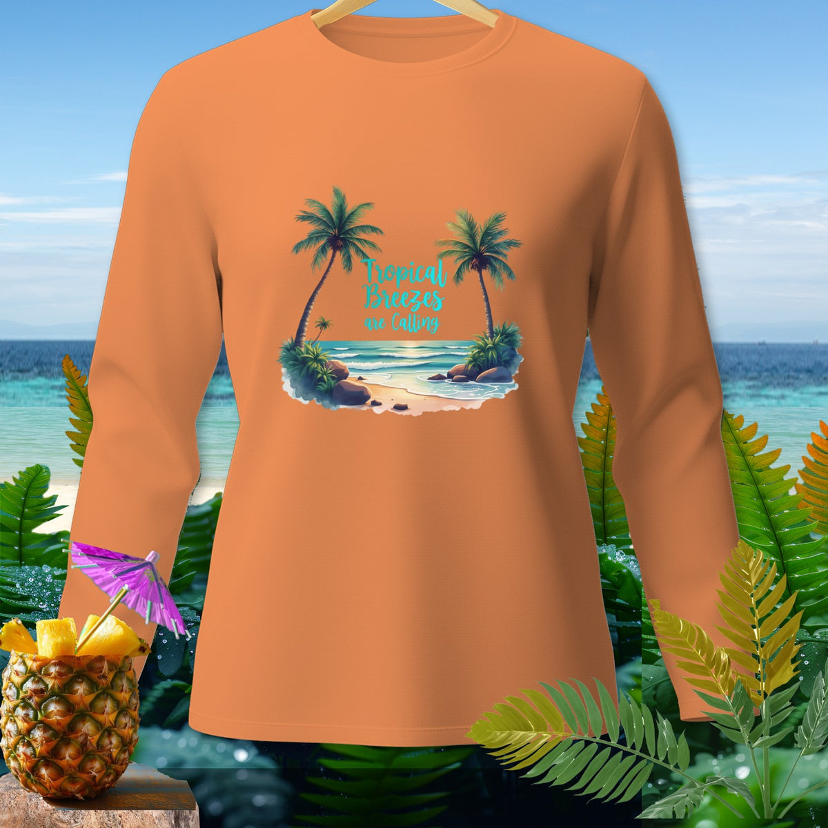 Orange long-sleeve shirt with "Tropical Breezes are Calling" graphic.