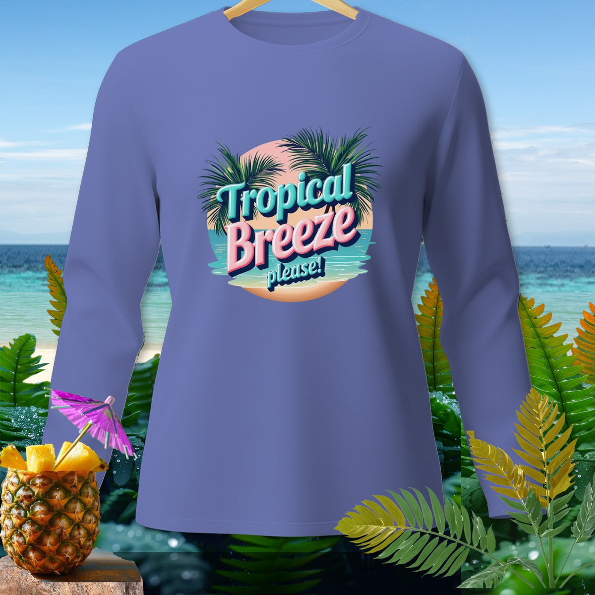 Purple long-sleeve shirt with "Tropical Breeze please!" text and tropical graphics.