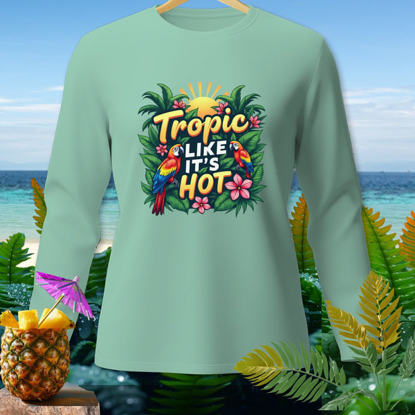 Light green long-sleeve shirt with "Tropic Like It's Hot" graphic and parrots.