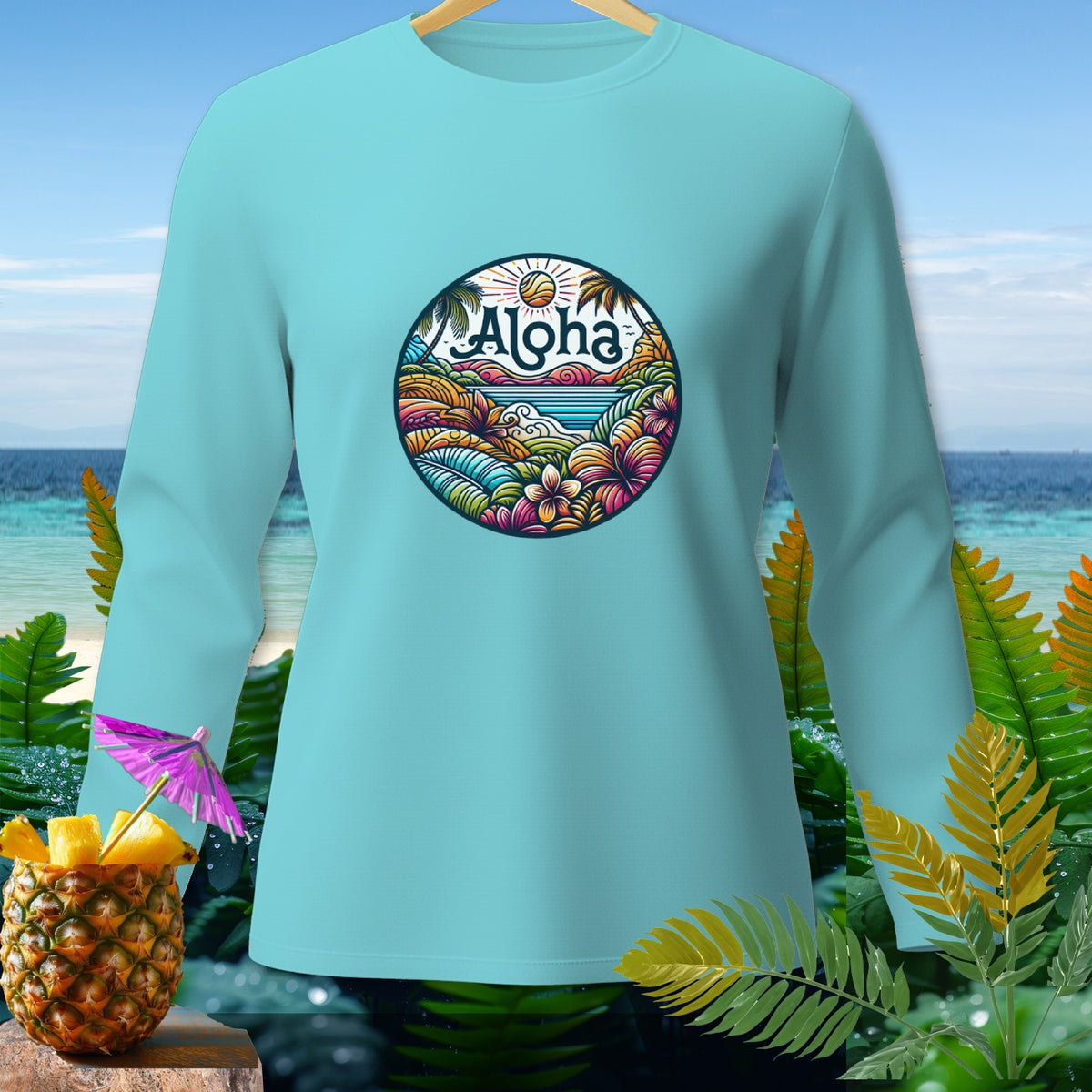 Light blue long-sleeve shirt with circular Aloha tropical scene graphic.