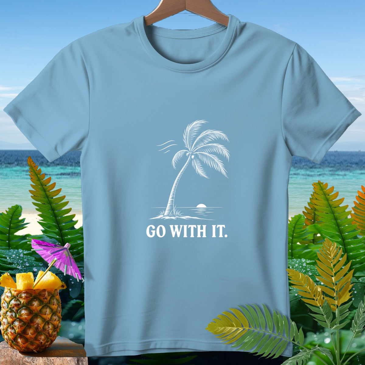 Light blue t-shirt with white palm tree and text "GO WITH IT."
