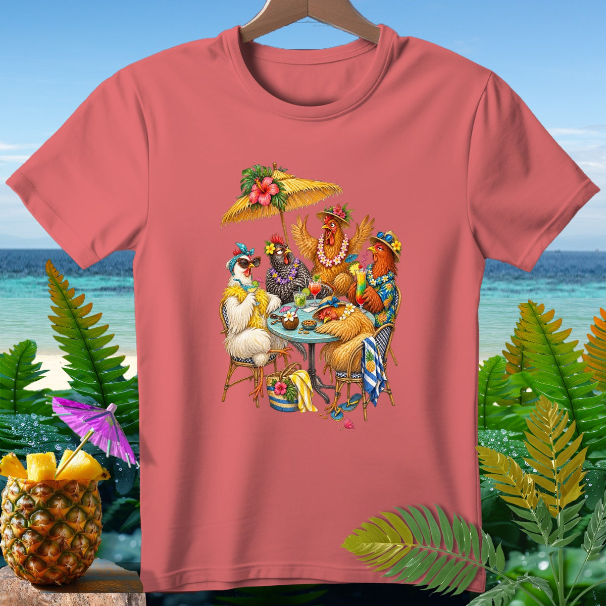 Four cartoon chickens sit at a table under a beach umbrella with cocktails.