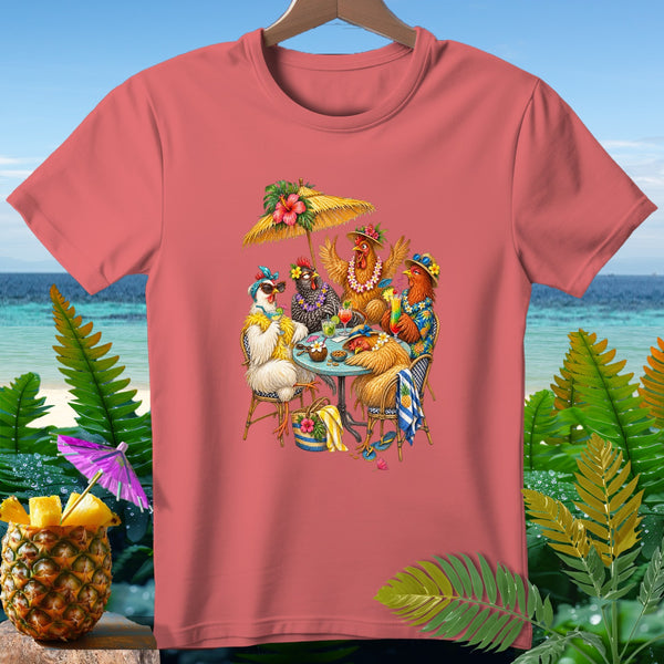Four cartoon chickens sit at a table under a beach umbrella with cocktails.