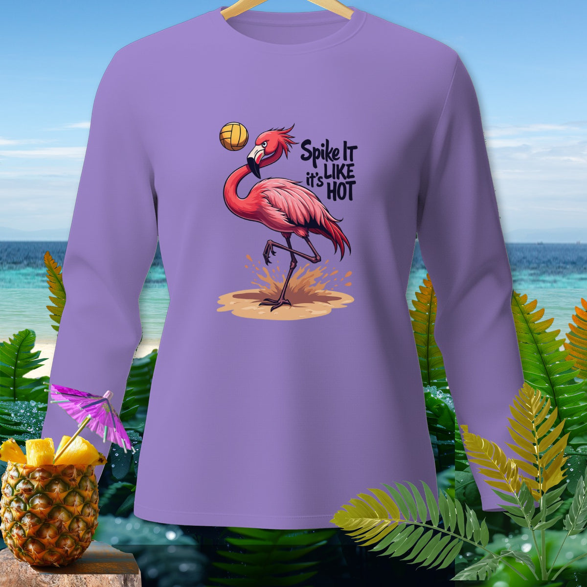 Lavender long sleeve shirt with a flamingo playing volleyball and text "Spike it it's LIKE HOT".