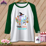 Raglan t-shirt with colorful octopus wearing witch hat, holding beach items.