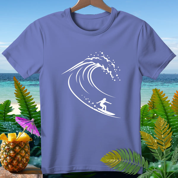 Periwinkle t-shirt with white surfer and wave graphic, tropical background.