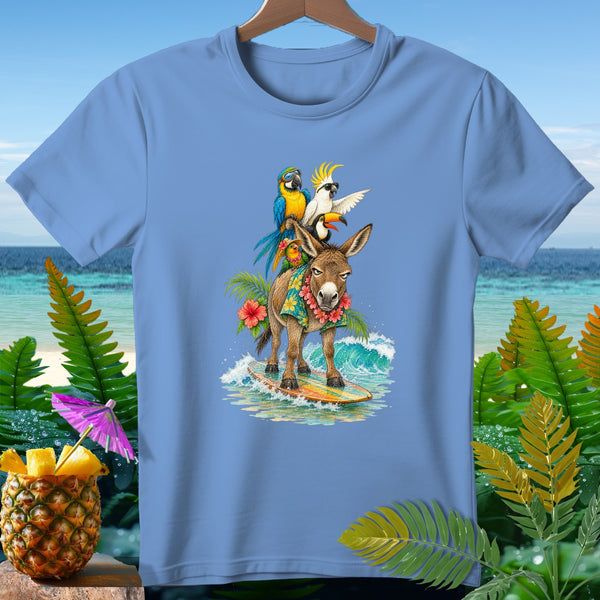 Donkey surfing with parrots and toucan on a tropical beach background.