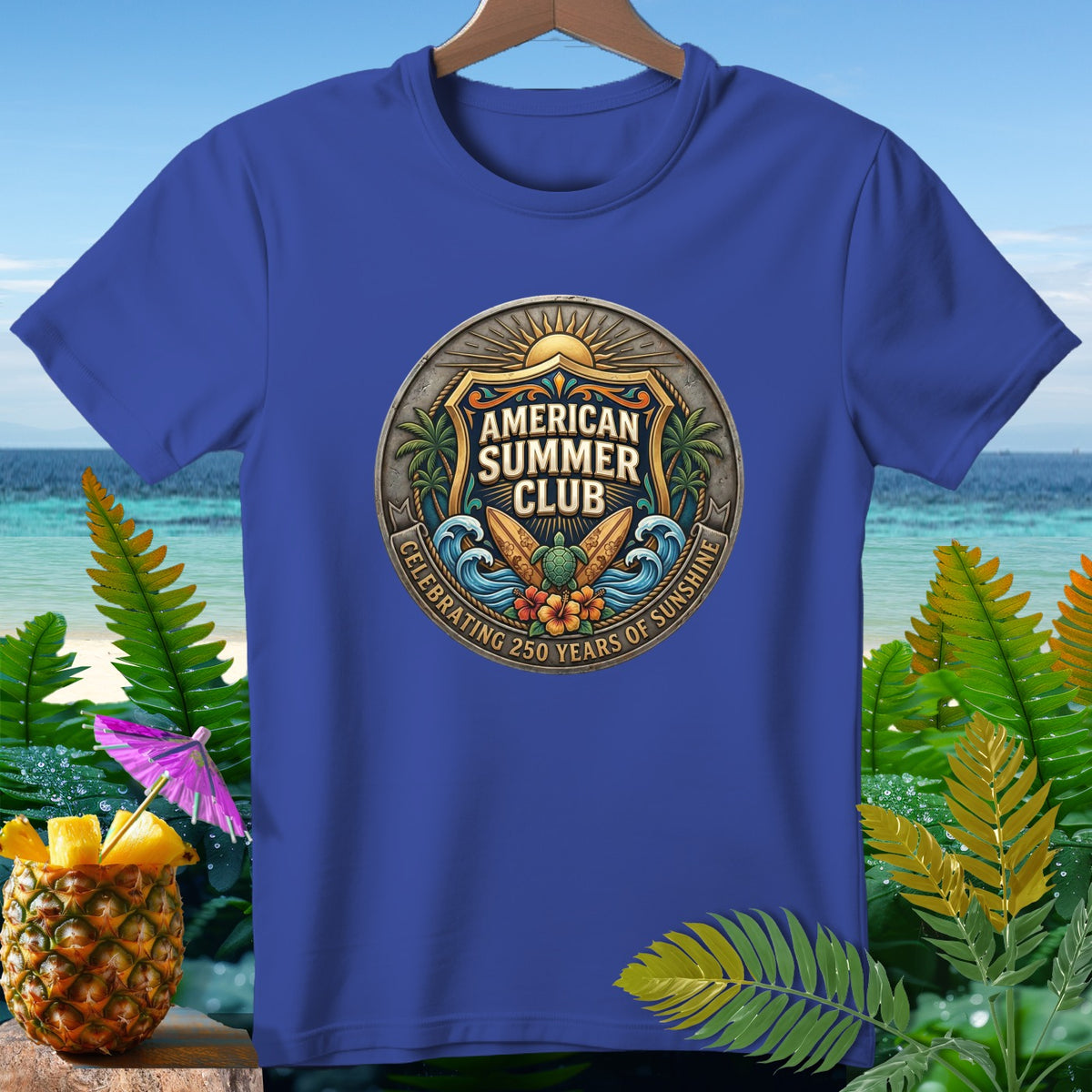 Blue t-shirt with American Summer Club logo celebrating 250 years of sunshine.