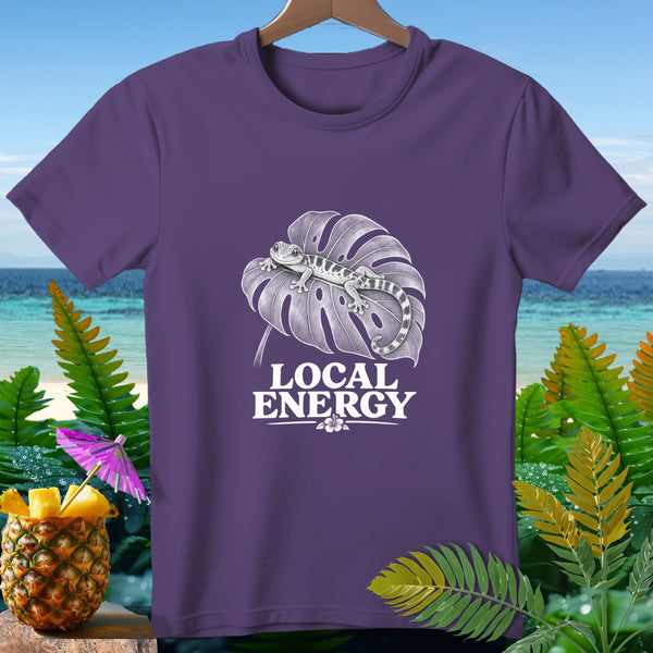 Purple t-shirt with white gecko on a monstera leaf and "LOCAL ENERGY" text.