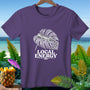 Purple t-shirt with white gecko on a monstera leaf and "LOCAL ENERGY" text.