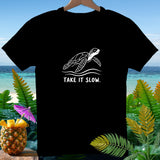 Black t-shirt with white sea turtle graphic and 