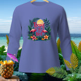 Long sleeve shirt with a tropical design featuring flamingos, flowers, and text 