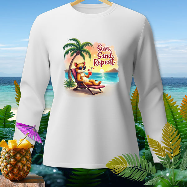 White long-sleeve shirt with a graphic of a fox on a beach chair saying "Sun, Sand, Repeat".