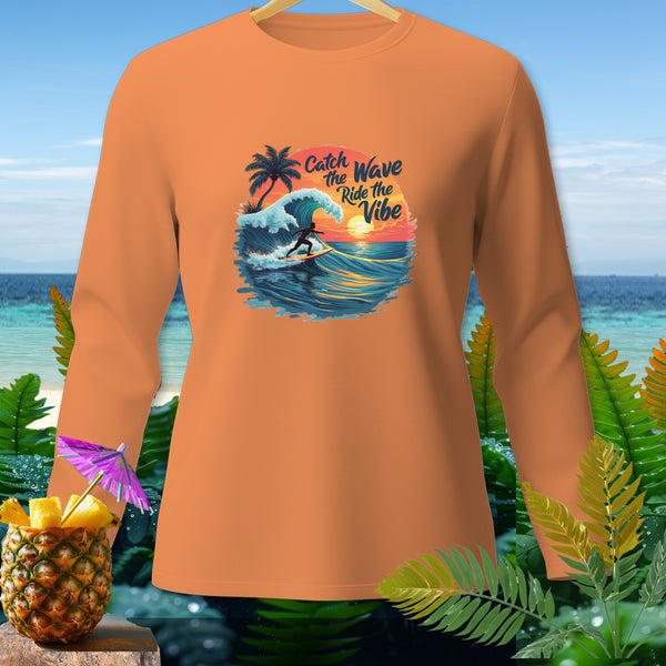 Orange long-sleeve shirt with "Catch the Wave Ride the Vibe" surf graphic.