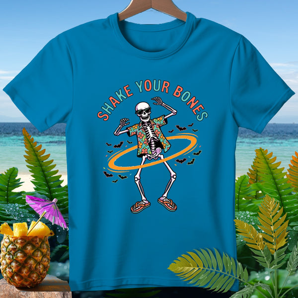 Teal t-shirt with skeleton dancing and text "Shake Your Bones".