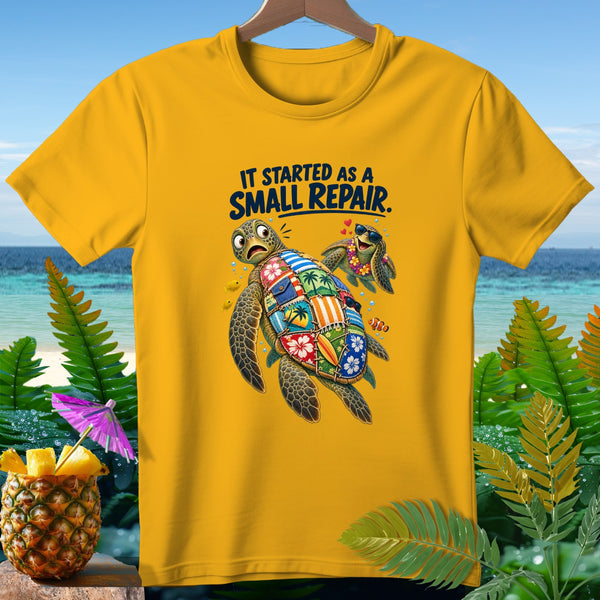 Yellow t-shirt with cartoon sea turtles and text "IT STARTED AS A SMALL REPAIR."