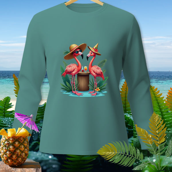 Teal long sleeve shirt with a tropical flamingo graphic, beach, and pineapple.