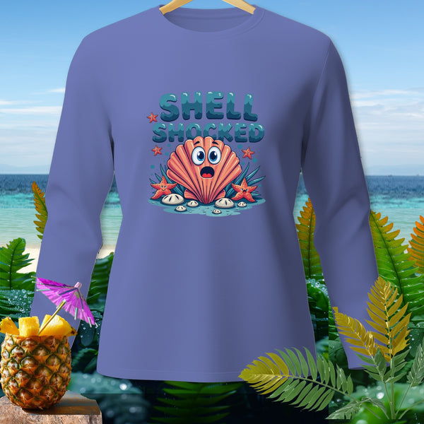 Long-sleeve shirt with "Shell Shocked" text and a surprised seashell graphic.