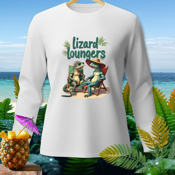 White long-sleeve shirt with "Lizard Loungers" text and two lizards relaxing.