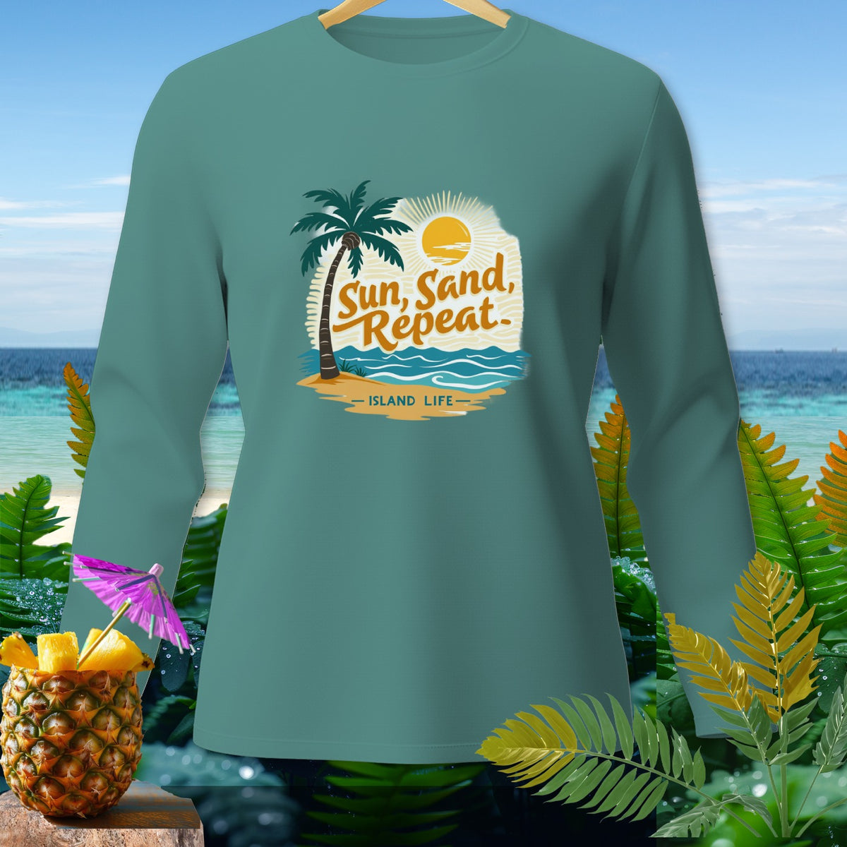 Teal long-sleeve shirt with "Sun, Sand, Repeat - Island Life" graphic.