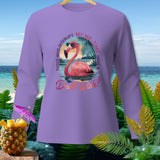 Purple long-sleeve shirt with a flamingo in sunglasses and text.
