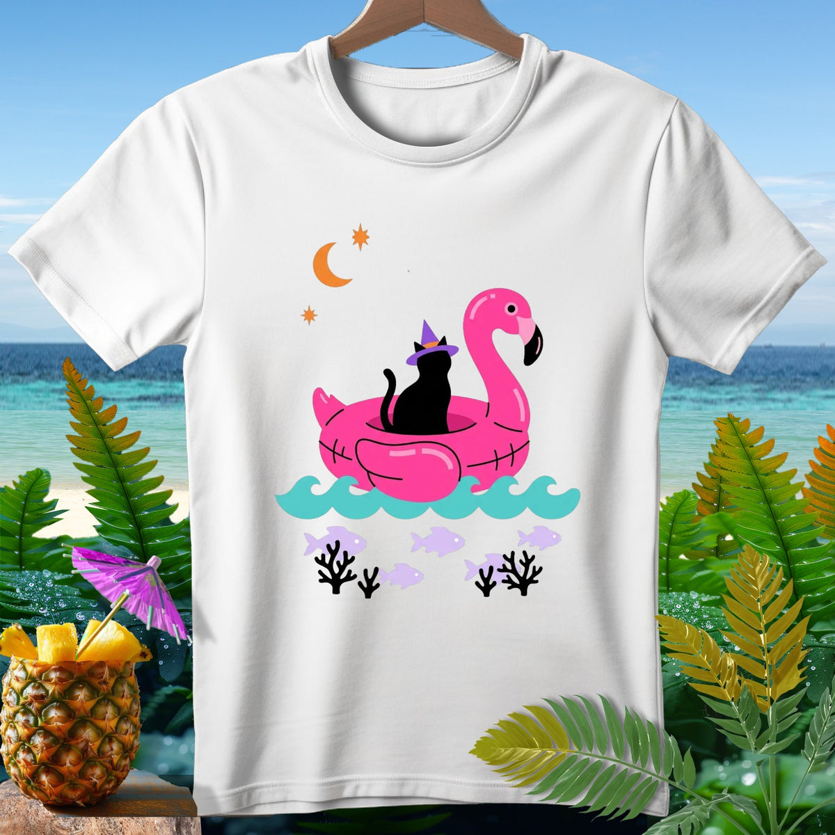 Black cat in witch hat on flamingo float with moon and fish.