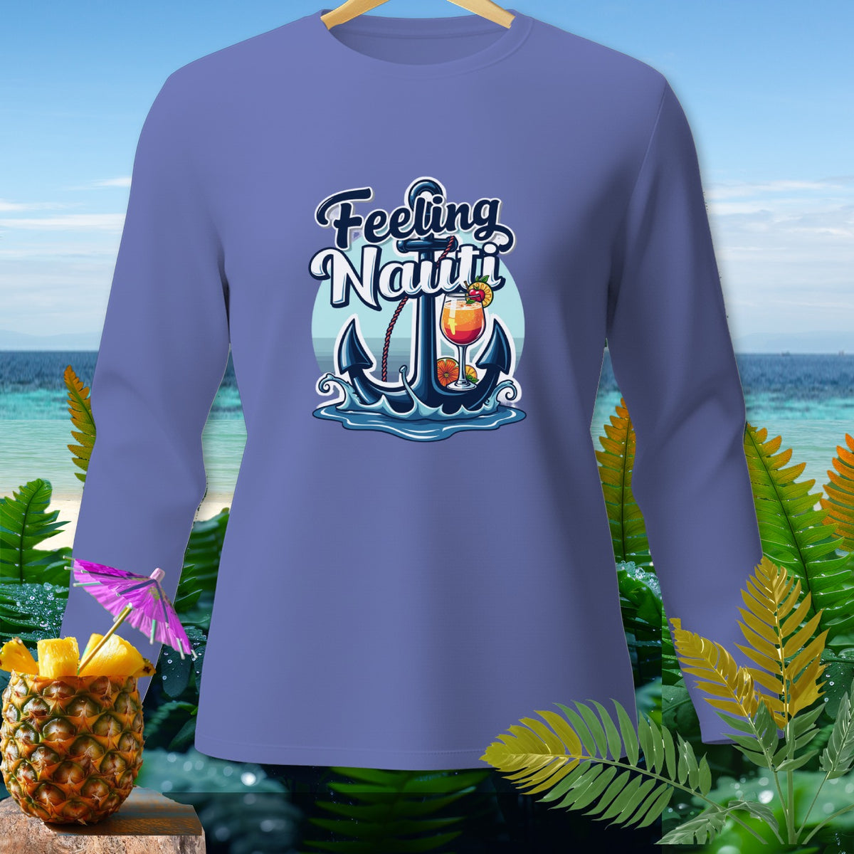 Purple long sleeve shirt with nautical graphic and pineapple garnish.