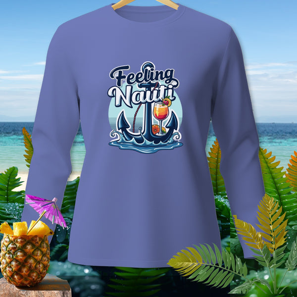 Purple long sleeve shirt with nautical graphic and pineapple garnish.