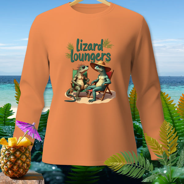 Orange long-sleeve shirt with "Lizard Loungers" graphic featuring two lizards relaxing on chairs.