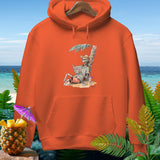 Orange hoodie with skeleton reading 