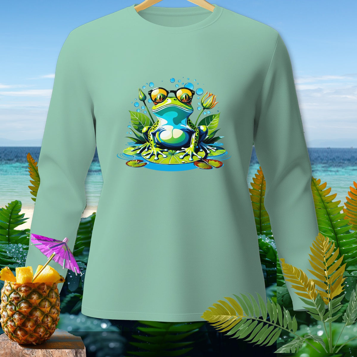 Long-sleeve shirt with a cool frog wearing sunglasses on lily pads.