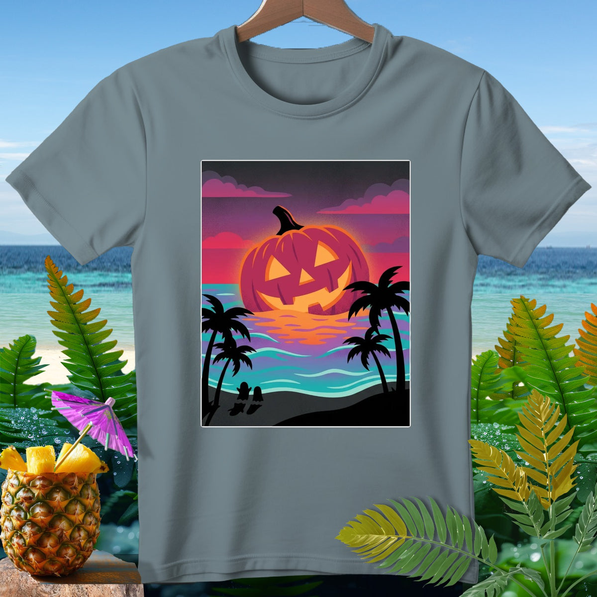 Jack-o'-lantern on beach at sunset with palm trees and ocean waves.