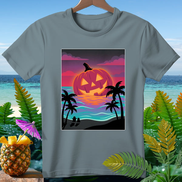 Jack-o'-lantern on beach at sunset with palm trees and ocean waves.