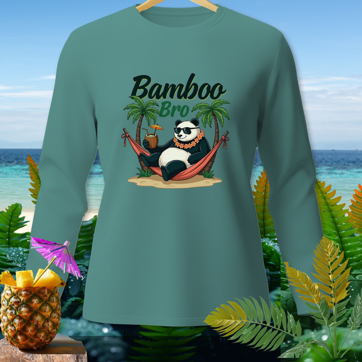 Long sleeve shirt with panda in hammock text "Bamboo Bro".
