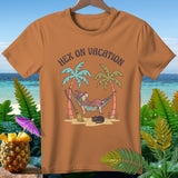 Orange t-shirt with witch and cat relaxing on beach with 