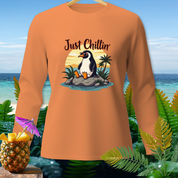 Orange long-sleeve shirt with a penguin graphic and "Just Chillin'" text.