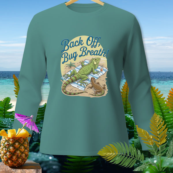 Long-sleeve shirt with iguanas on a beach and text "Back Off, Bug Breath!".