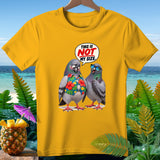 Two pigeons, one in a Hawaiian shirt, with a speech bubble saying 