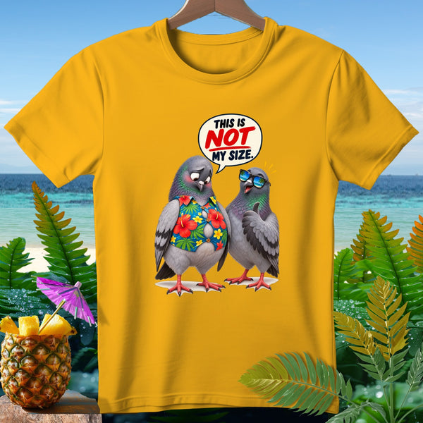 Two pigeons, one in a Hawaiian shirt, with a speech bubble saying "This is NOT my size."