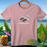 Pink t-shirt with graphic of flip-flops and waves, saying 