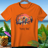 Orange t-shirt with Halloween-themed parrots on a branch, 