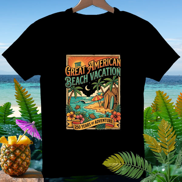 Black t-shirt with "The Great American Beach Vacation" graphic and beach scene.