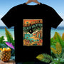 Black t-shirt with "The Great American Beach Vacation" graphic and beach scene.