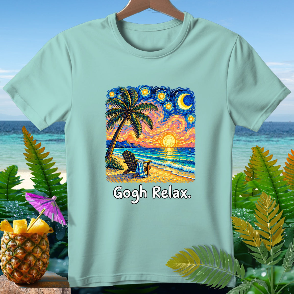 Light blue t-shirt with "Gogh Relax." text and a beach scene in Van Gogh style.