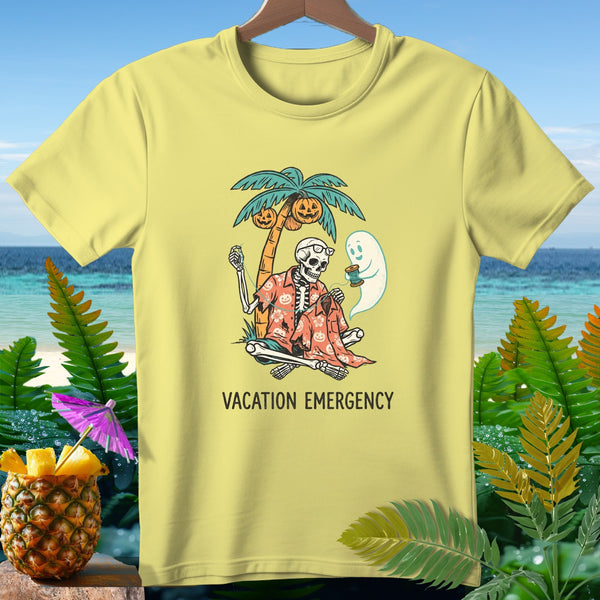 Skeleton sewing with a ghost under a palm tree with pumpkins, text reads Vacation Emergency.
