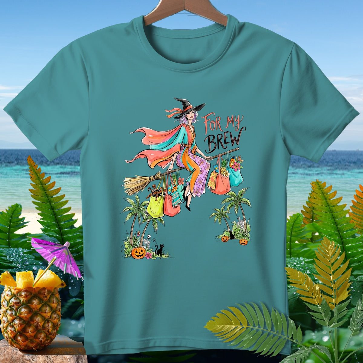 T-shirt with witch on broom carrying shopping bags and text "For My Brew".