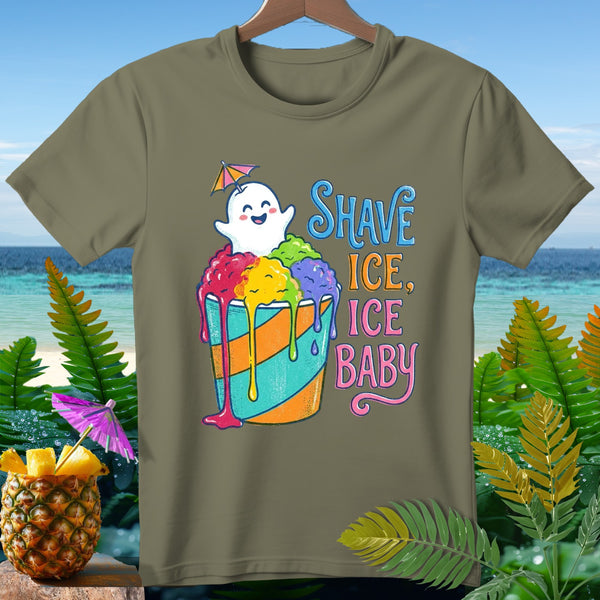 T-shirt with a ghost eating shave ice, text reads "Shave Ice, Ice Baby".