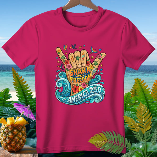 Magenta t-shirt with "Shaka to Freedom America 250" graphic and tropical elements.