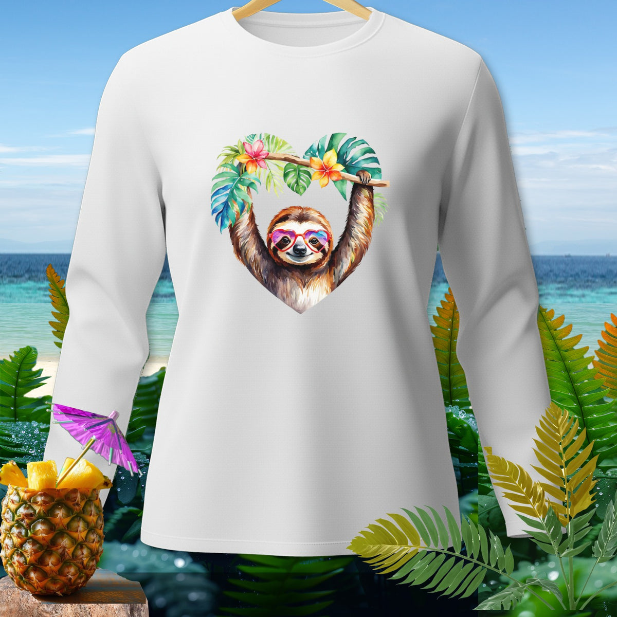White long-sleeve shirt with a sloth wearing heart sunglasses inside a floral heart.