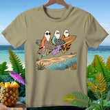 Three cartoon ghosts in robes carry surfboards with 